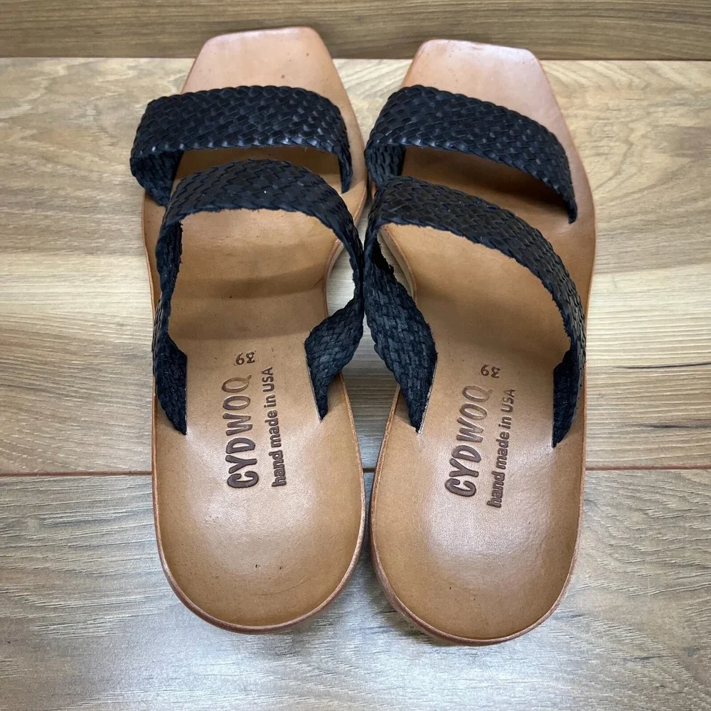 CYDWOQ‎ Womens Sandals Size 9 Black Woven Leather Low Heel Slide USA Made